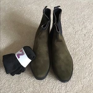 New olive rain boots with warm socks